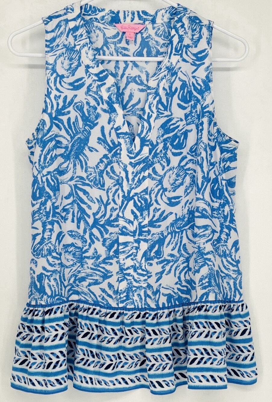 Lilly Pulitzer Gramercy Tank Top Women's Small Blue Print Ruffle Hem Peplum